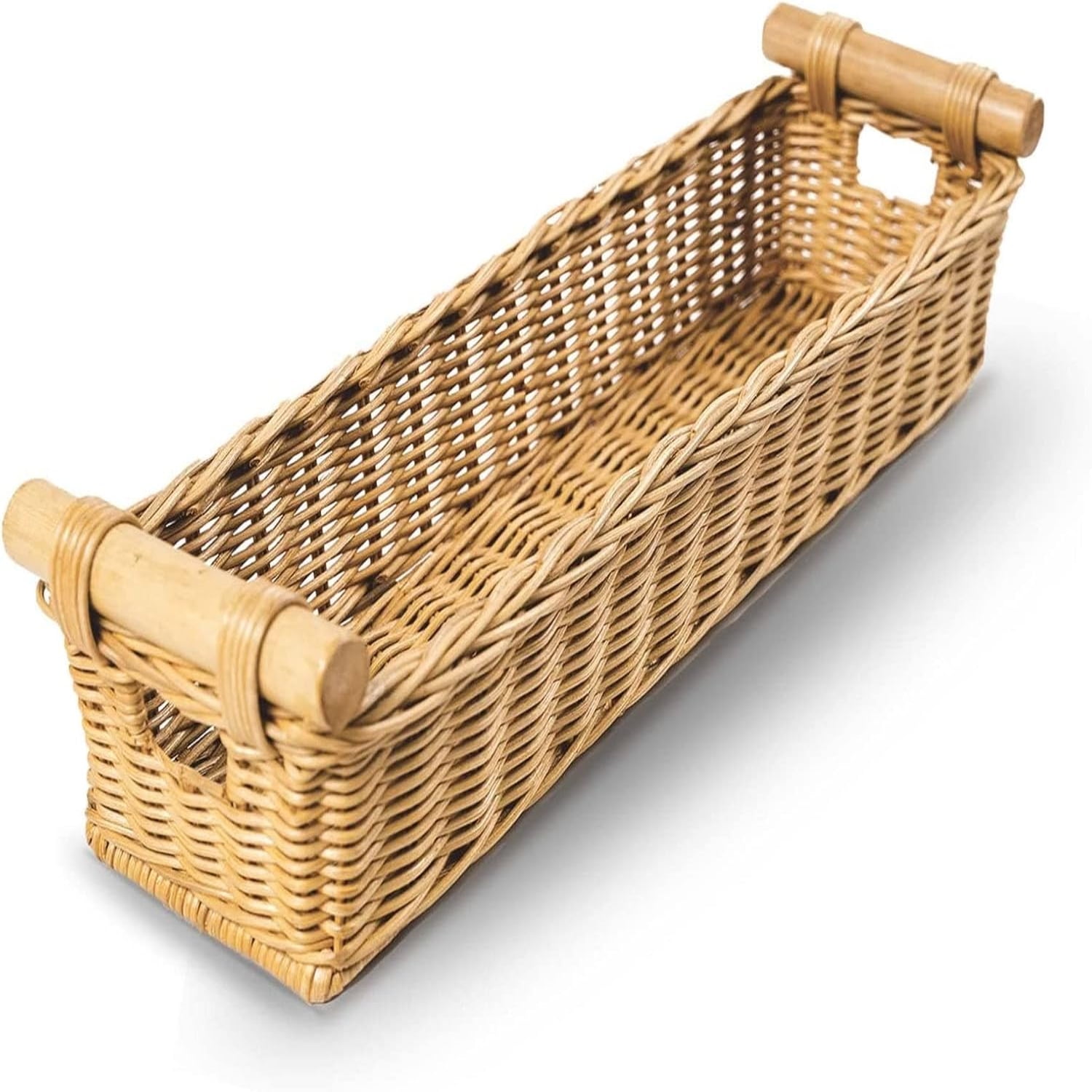 The Basket Lady Long Narrow Wicker Basket With Pole Handle - Medium Sandstone, 19x7x5.5 Inches