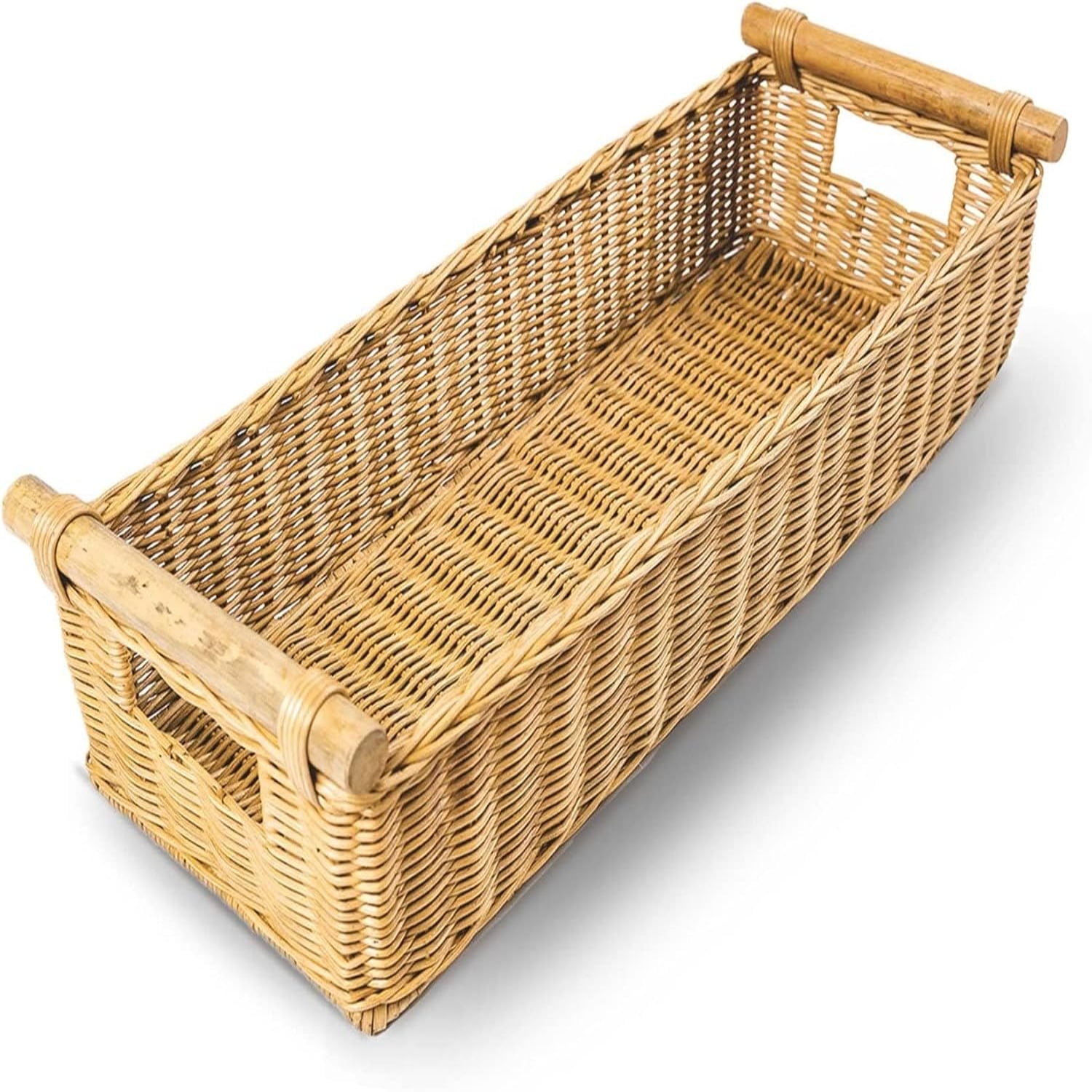The Basket Lady Long Narrow Wicker Basket With Pole Handle - Medium Sandstone, 19x7x5.5 Inches