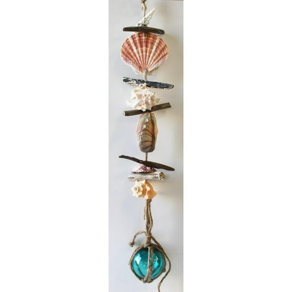 Long Nautical Driftwood & Seashell Garland with 3" Glass Float - Assorted Colors (Teal)