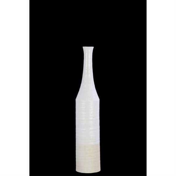 Long Neck Bottle Vase With Cream Banded Rim Bottom In Ceramic, Silver