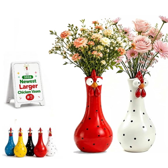 Long Neck Colorful Dot Chicken Vases, Handcrafted Resin Big Eye Cartoon Rooster Sculpture Decors for Home Desktop Display Florals Arrangement