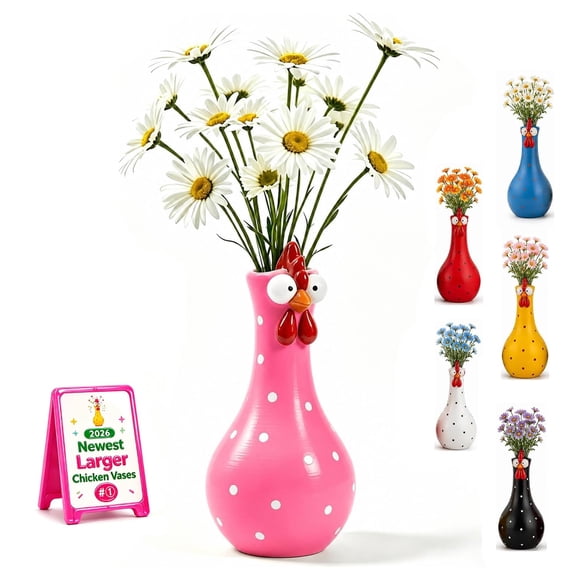 Long Neck Colorful Dot Chicken Vases, Handcrafted Resin Big Eye Cartoon Rooster Sculpture Decors for Home Desktop Display Florals Arrangement