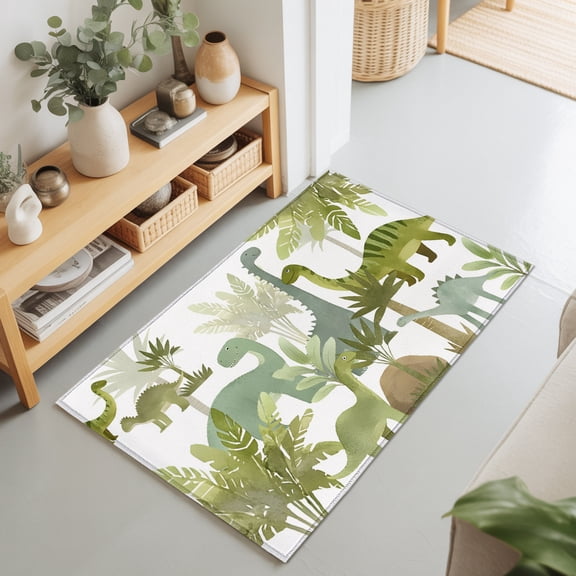 Long Neck Dinosaur 2'x3' Rug for Entryway Front Door Kitchen Sink Area, Jungle Palm Tree Fern Forest Low Pile Washable Non Slip Rectangle Area Rug