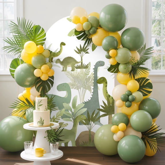 Long Neck Dinosaur Arch Backdrop Cover, 4FT, Jungle Palm Tree Fern Forest Spandex Arch Covers Double-Sided Backdrop for Wedding Birthday Party Photo Background Decoration