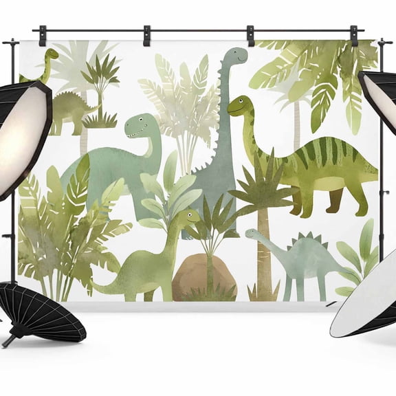 Long Neck Dinosaur Backdrops for Photography, Jungle Palm Tree Fern Forest Fabric Photo Background Sturdy Studio Props for Photo Studio, Video Recording, Booth & Photoshoot 7x5ft