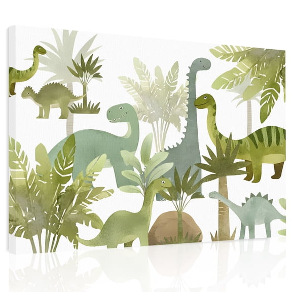 Long Neck Dinosaur Canvas Print Wall Art, Jungle Palm Tree Fern Forest Wall Decor Modern Artwork Paintings Pictures for Living Room Framed and Stretched Ready to Hang 12" x 16"
