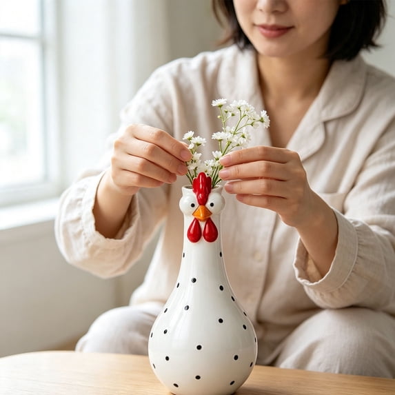 Long-Neck Rooster Vase, Chicken Figurine Flower Holder for Small Bouquets, Tabletop Centerpiece, Shelf, Mantel, Kitchen and Farmhouse Decor