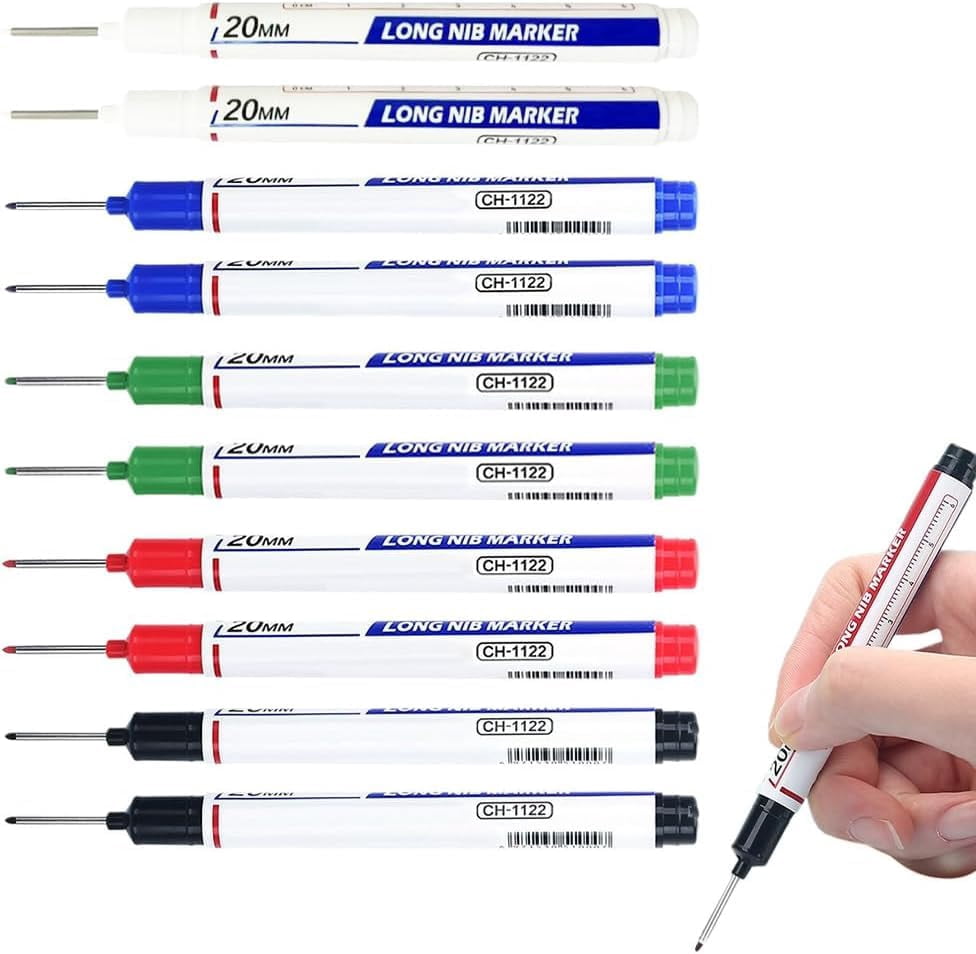 Long Nib Marker, 20mm Deep Hole Marker Pens, Multi-Color Long Nose Construction Markers, Waterproof Quick Dry Metal Wood Carpenter Marking Tool for DIY, Tight Spaces & Drilling