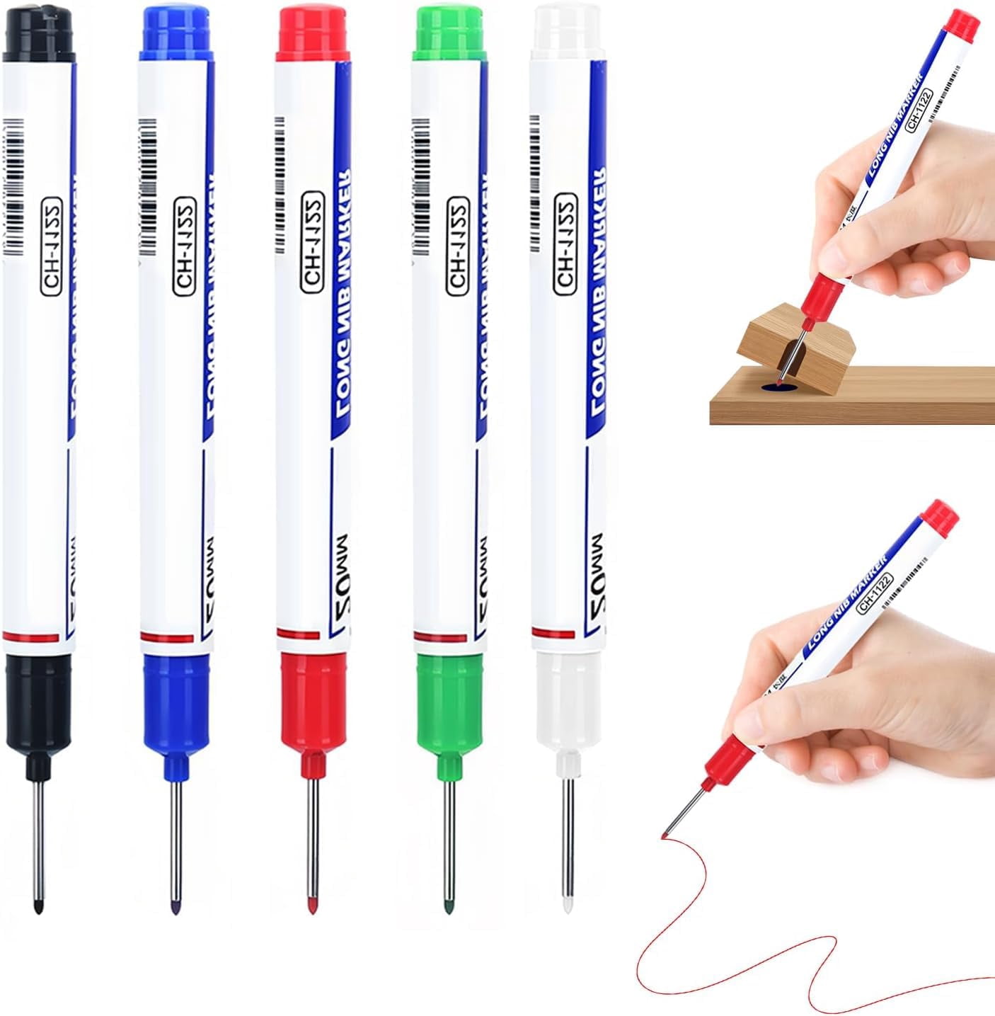 Long Nib Marker, 20mm Deep Hole Marker Pens, Multi-Color Long Nose Construction Markers, Waterproof Quick Dry Metal Wood Carpenter Marking Tool for DIY, Tight Spaces & Drilling