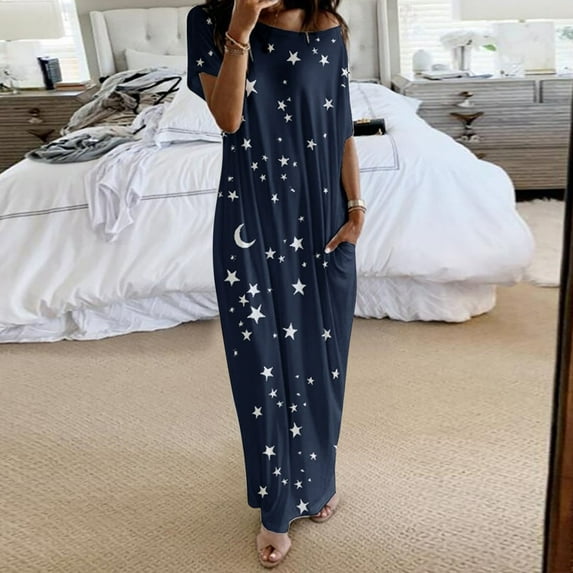 Long Nightgown, Womens Round Neck Loungewear Oversized Sleepwear Loose One Shoulder Sleep Dress with Pockets S-5XL Blue 5XL