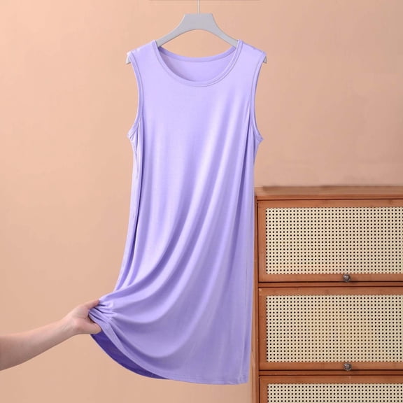 Long Nightgown Womens Sleeveless Skirt Summer Thin Loose Dress Casual Solid Color Home Nightgown Purple Xxl