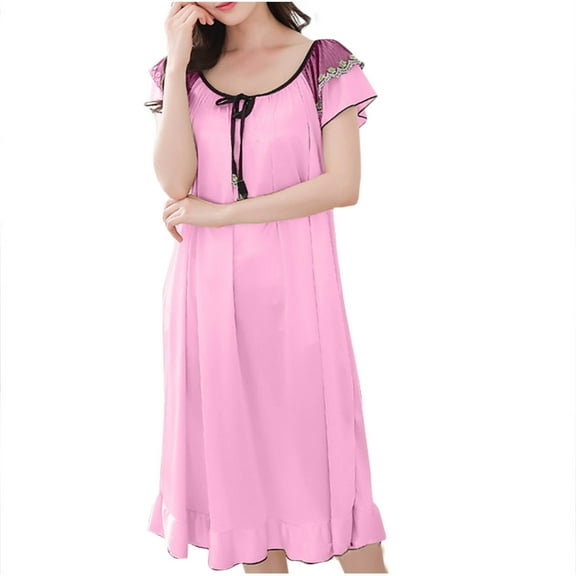 Long Nightgowns for Women New Women Ruffle House Dress Loose Short Sleeve Nightgown Solid Lace Nighties Comfy Sleepshirts Sleepwear Pinky XL