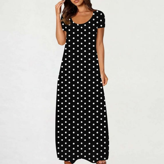 Long Nightgowns for Women Plus Size Summer Maxi Sleep Dresses with Pockets,Vintage Polkda Dots Print Short Sleeve Crew Neck Loose Breathable Casual Lounge Dress ,S-5XL