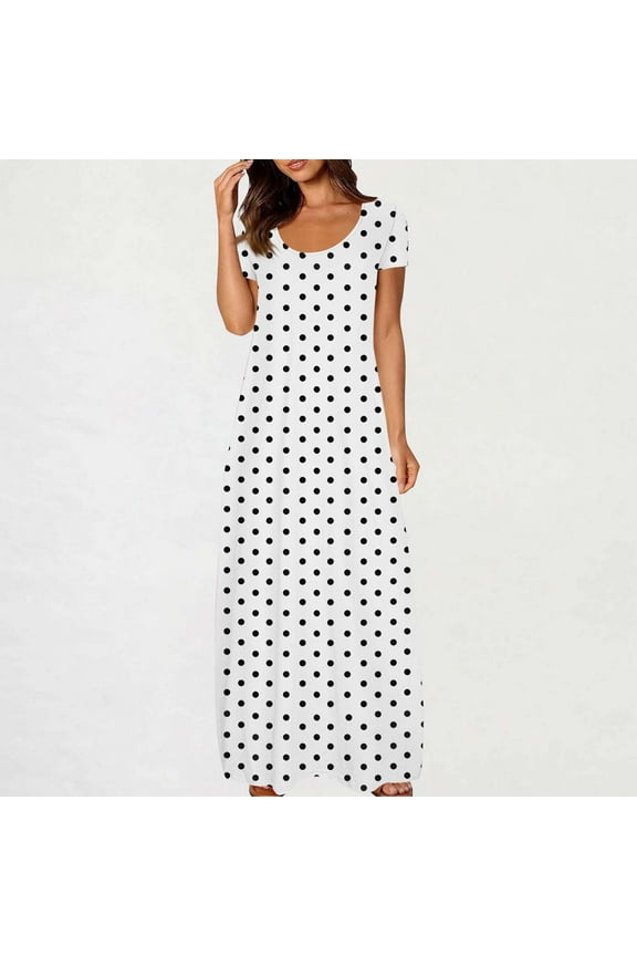 Long Nightgowns for Women Plus Size Summer Maxi Sleep Dresses with Pockets,Vintage Polkda Dots Print Short Sleeve Crew Neck Loose Breathable Casual Lounge Dress ,S-5XL