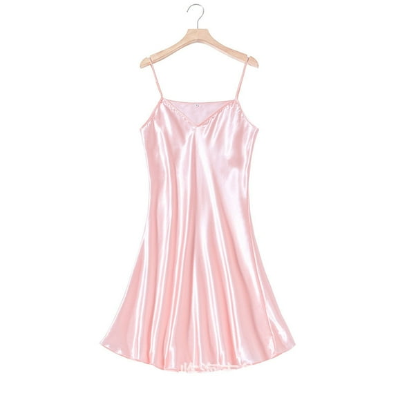 Long Nightgowns for Women New Women's Satin Nightgown Loose Sleepwear V Neck Nightdress Mini Slip Chemise Nightwear Sleepdress Pink M
