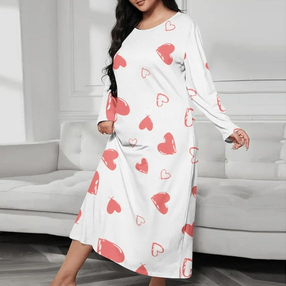 Long Nightgowns for Women Long Sleeve Sleepshirts Loungewear Casual Sleepwear Loose Sleep Dress with Pockets Red XL