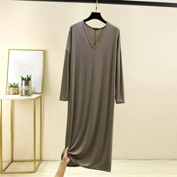 Long Nightgowns for Women Soft Casual Long Sleeve Night Dress Solid Color V-Neck Nightwear Sleepdress Gray 3XL