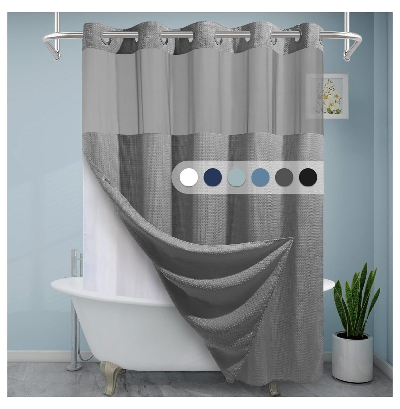 Long No Hook Shower Curtain with Snap in Liner, 230GSM Waffle Weave