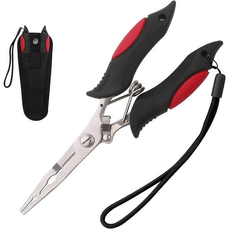 Long Nose Fishing Pliers Stainless Steel Fish Hook Pliers Hook Remover  Split Ring Pliers with Lanyard for Freshwater Saltwater (Red-7inch-v) 