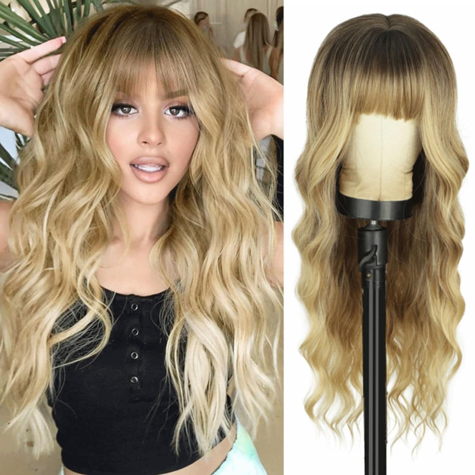 Long Ombre Blonde Wig with Bangs, Dark Roots for Women Wavy Curly Natural Looking Heat Resistant Synthetic Fiber Wigs, C, 10.9oz, 26inch