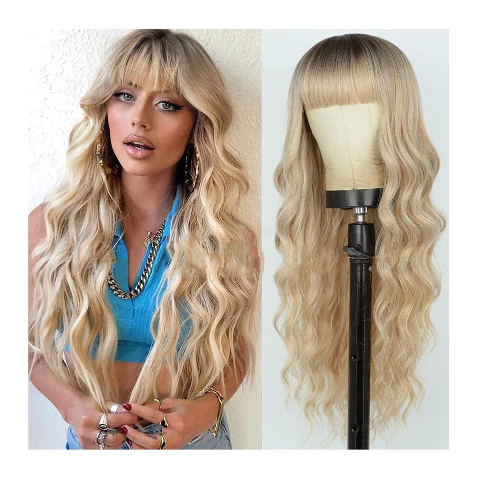 Long Ombre Blonde Wig with Bangs, Dark Roots for Women Wavy Curly Natural Looking Heat Resistant Synthetic Fiber Wigs, Gold, 10.9oz, 26inch
