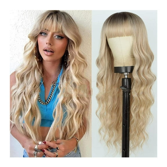 Long Ombre Blonde Wig with Bangs, Dark Roots for Women Wavy Curly Natural Looking Heat Resistant Synthetic Fiber Wigs, Gold, 10.9oz, 26inch