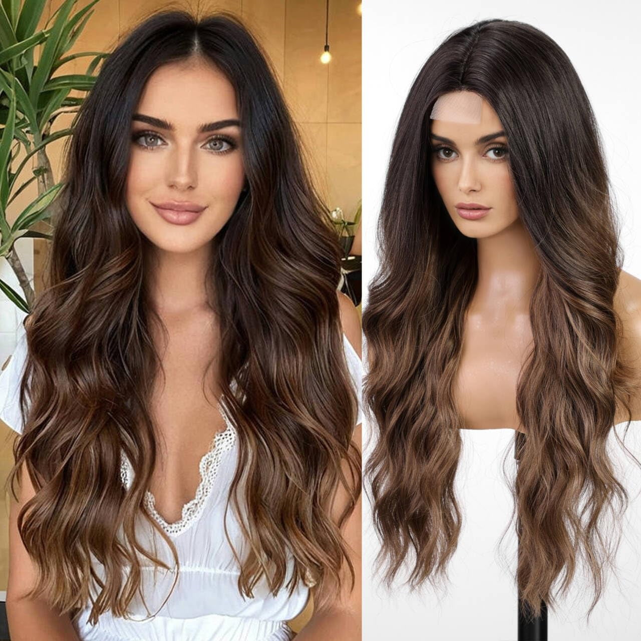 Long Ombre Brown Wavy Wigs for Women,Synthetic Middle Part Curly Hair
