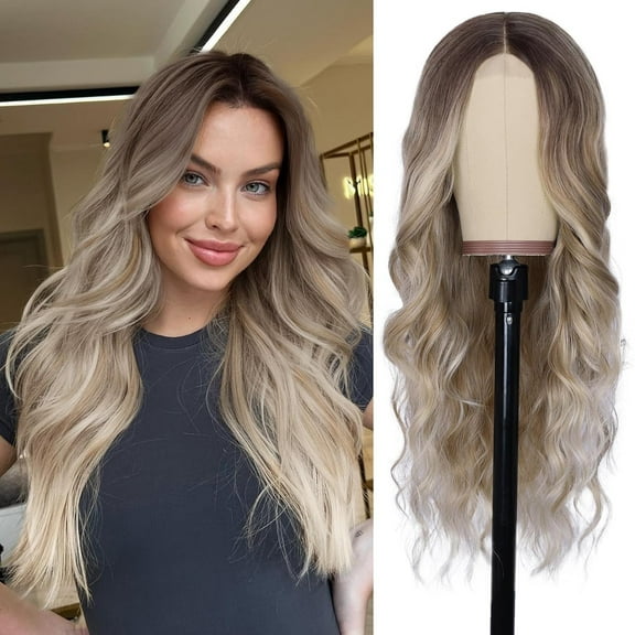 Long Ombre Dirty Blonde Wavy Wig for Women 26 Inch Middle Part Lace Hairline Curly Wavy Wig Natural Looking Synthetic Heat Resistant Fiber Wig for Daily Party Use