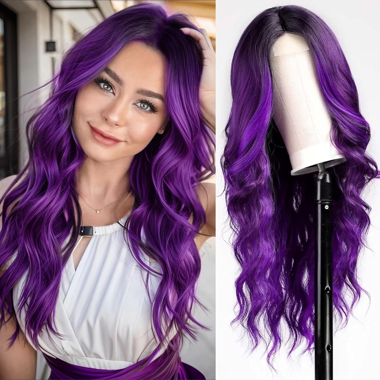 Long Ombre Purple Wavy Wig for Women 26 Inch Middle Part Curly Wig ...