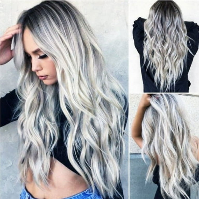 Long Ombre Silver Blonde Hair Wig Straight at the top Wavy at the ends Walmart