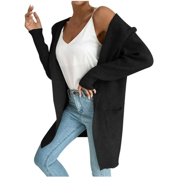 Long Open Front Hooded Cardigan for Women Ribbed Knit Solid Color Long Sleeve Sweater Tops Outerwear with Pockets