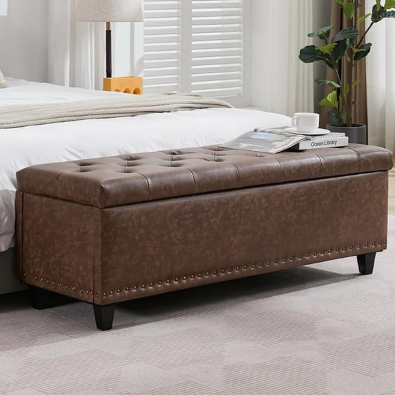 Long Ottoman with Storage, 50.8" Faux Leather End of Bed Bench with Safety Hinge&Rivets, Entryway Benches Large Storage Ottoman Bench for Bedroom, Living Room, Holds up to 660 lb(Brown)