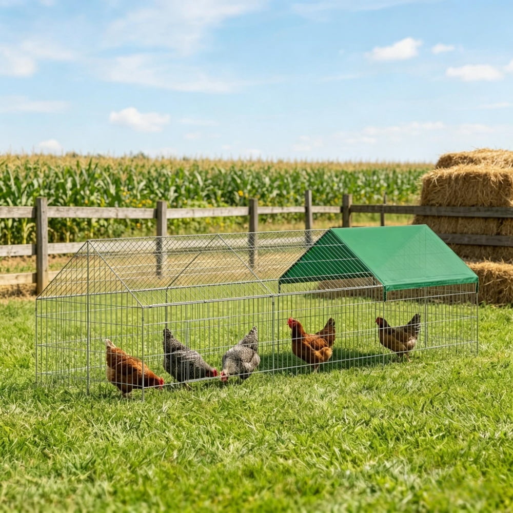 Long Outdoor Chicken Run Pen, Shade Oxford Canopy Powder Coated Steel Predator Proof Wire Mesh Rabbit Duck Kitten Playpen With Ground Stakes Locked Doors