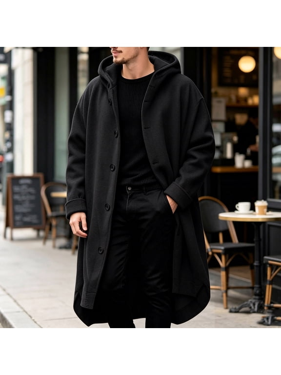 Long Overcoat for Men Hooded Winter Thermal Wool Blended Loose Trench Coat Fall Cozy Warm Trendy Cool Drop Shoulder Buttom Down Coats with Pockets Chill Casual Daily Outerwear