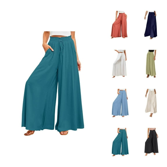 Long Palazzo Pants for Women 2025 Casual High Waist Wide Leg Pants Summer Lounge Beach Trousers with Pocket