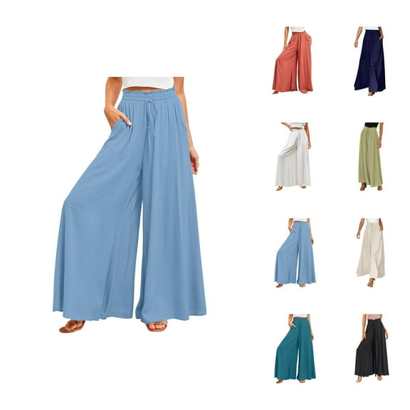 Long Palazzo Pants for Women 2025 Casual High Waist Wide Leg Pants Summer Lounge Beach Trousers with Pocket