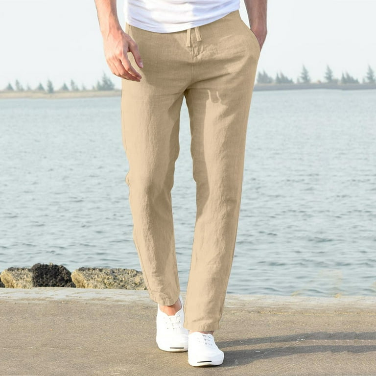 Long Pants For Men Fashion Men Casual Work Cotton Blend Pure Elastic Waist  Long Pants Trousers Khaki M,ac6494