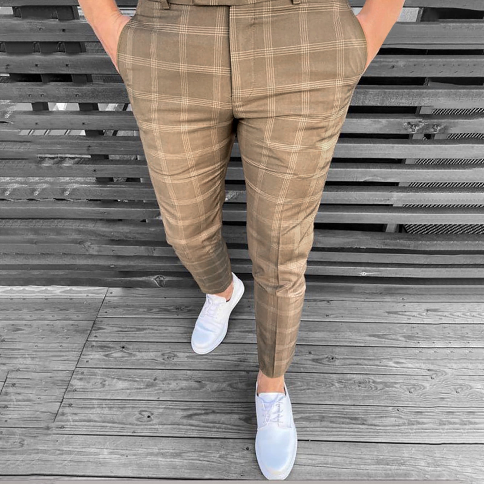 Men Casual Fashion Button Zipper Closure Plaid Casual Pencil Pants Trousers  Mens Loose Fitting Pants Trouser Casual Pants Gray XXL