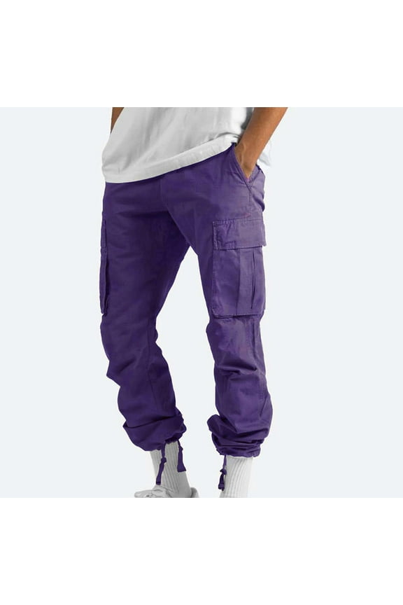 Long Pants For Men Men Solid Casual Multiple Pockets Outdoor Straight Type Fitness Pants Cargo Pants Trousers Purple M,ac7389