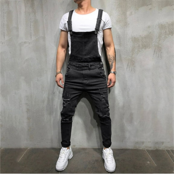 Long Pants For Men Mens Washed Denim Bib Jeans Overalls Casual Ripped Denim Jumpsuits Rompers Black L,ac4807
