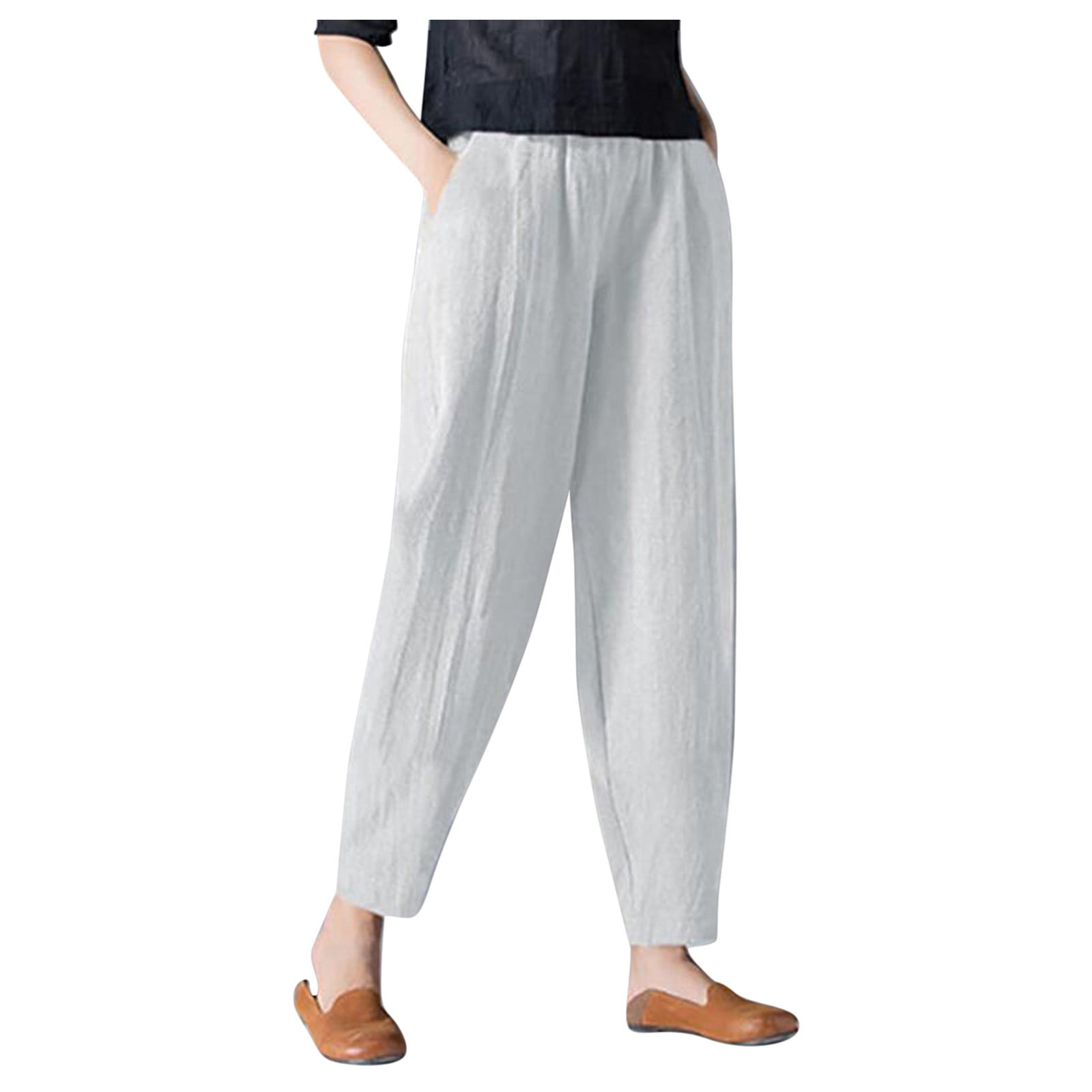 Ladies Cotton Linen Casual Long Pants Womens Wide Leg Loose Trousers Plus  Size- | eBay