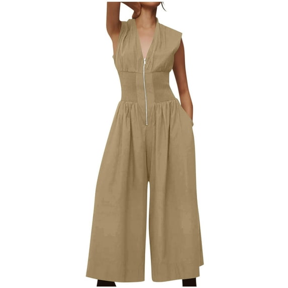 Long Pants Sets Women One Piece Outfits Clearance Formal Jumpsuits for Women Dressy Wide Leg Pants Rompers Half Zip Smocked Waist Casual Sleeveless Overalls New Khaki S