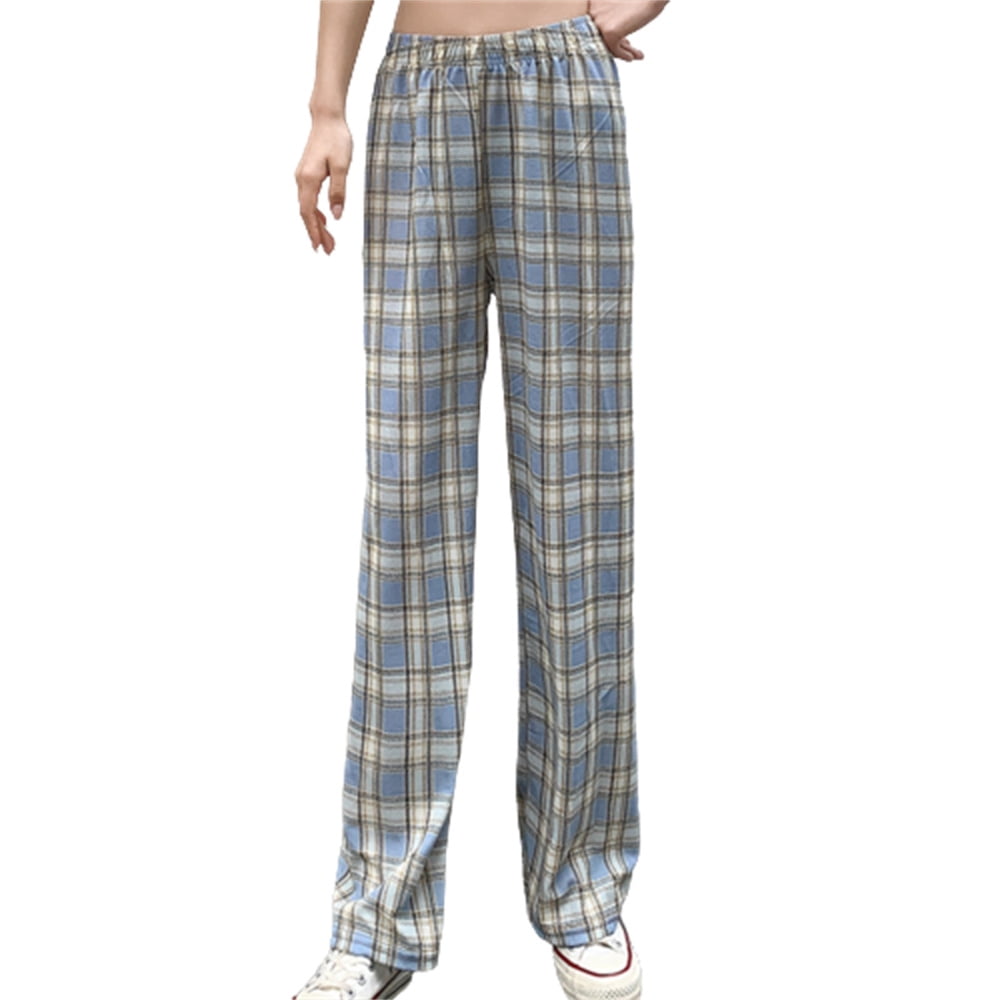Long Pants for Women Elastic Waist Band Trousers High Waist Straight Wide  Leg Pajama Sleep Pant M Blue Grid 