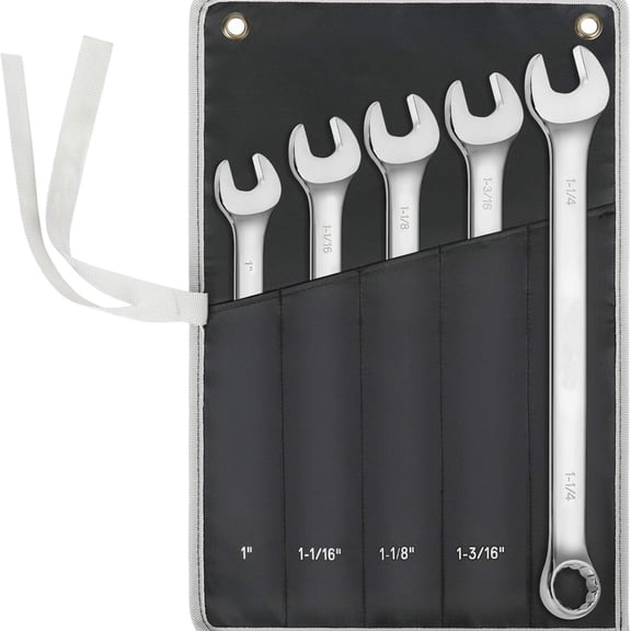 Long Pattern Combination Wrench Set, SAE, 5-Piece, 1" to 1-1/4", 12 Point, CR-V Steel, with Rolling Pouch