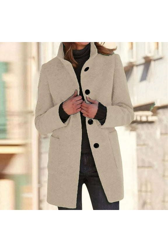 Long Pea Coats for Women 2025 Winter Stand Collar Single Breasted Peacoat Thicken Blazer Jacket Beige M