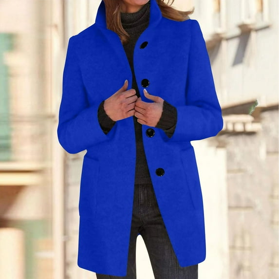 Long Pea Coats for Women 2025 Winter Stand Collar Single Breasted Peacoat Thicken Blazer Jacket Dark Blue 2XL
