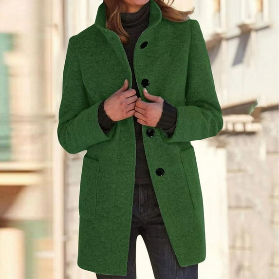 Long Pea Coats for Women 2025 Winter Stand Collar Single Breasted Peacoat Thicken Blazer Jacket Dark Green L