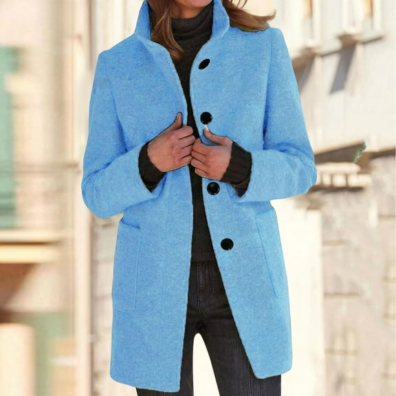 Long Pea Coats for Women 2025 Winter Stand Collar Single Breasted Peacoat Thicken Blazer Jacket Light Blue 3XL