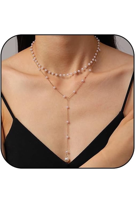 Long Pearl Drop Lariat Necklaces for Women Gold And White Fake Pearls Pendant Chain Layered Y Necklace Dainty Silver Choker Stack Trendy Prom Jewelry[m339]