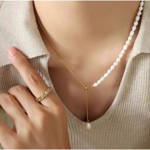 Long Pearl Fushion Drop Necklace In 18K Gold Plated Stainless Steel